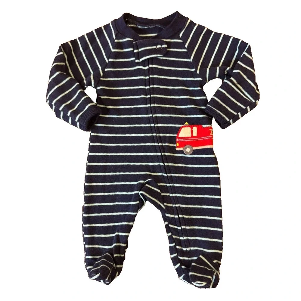 Carters Baby Sleeper Boy Preemie Striped‎ Outfit Romper Blue Red Fire Truck Zips